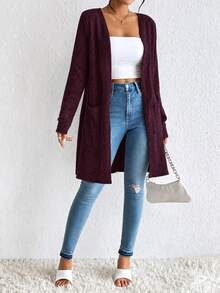 SHEIN Essnce 女士雙口袋開襟外套，不含內搭背心，秋季休閒簡約款，口袋設計，常規袖，寬鬆素色，日常穿著，酒紅色，適合辦公室 - 中紫紅色 - 查看 5