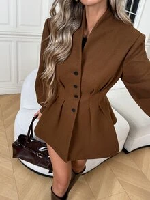 Easowa معطف نسائي أنيق بأزرار وخصر مطوي - بني - مشاهدة 3