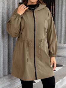 SHEIN LUNE 大尺碼素色連帽前開襟拉鍊休閒長袖秋冬外套 - 卡其色 - 查看 4