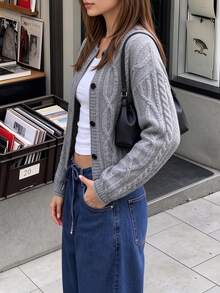 Autumina Cardigan Rajut Kabel Warna Polos, Jaket Sweater Kancing Tunggal Warna Polos, Cocok Untuk Pakaian Kasual Di Musim Gugur Dan Musim Dingin - Grey - View 5