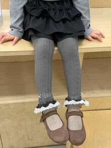 Dazy Kids Legging Lucu untuk Anak Perempuan dengan Pinggang Elastis dan Hiasan Patchwork di Bagian Bawah. - Dark Grey - View 3