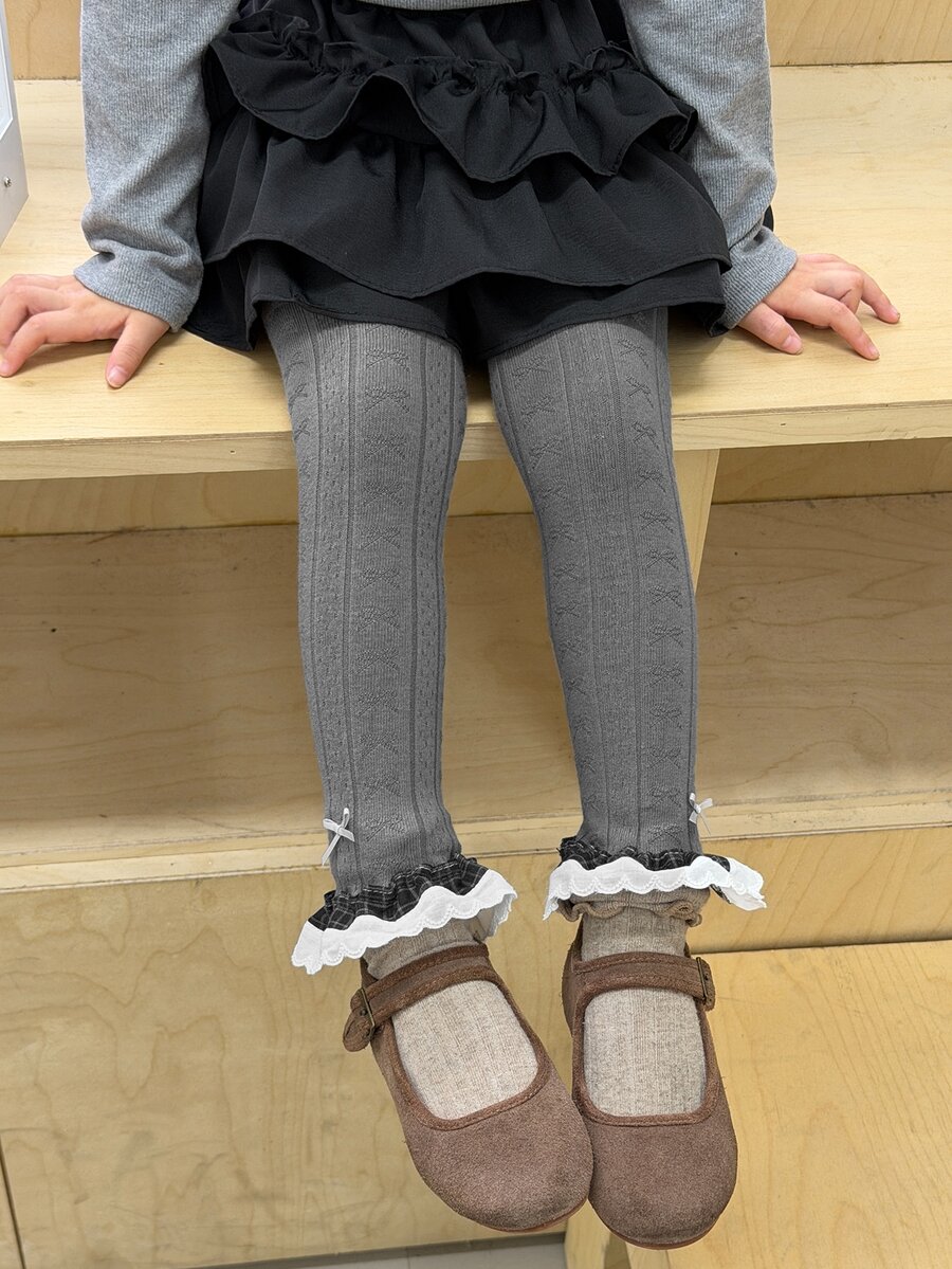 Dazy Kids Young Girl Elastic Waist Patchwork Ruffle Hem Cute Leggings - Dark Grey - View 1