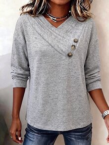 Sudadera de talla grande con cuello asimétrico, diseño fruncido, detalle de botones, manga larga, color gris jaspeado, estilo casual básico - Gris - Ver 5