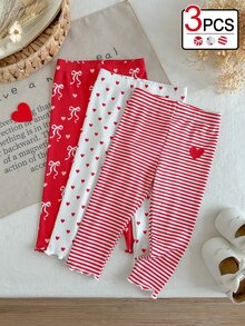 SHEIN Vintaside Kids 3件組女嬰春秋極簡風緊身褲，紅蝴蝶結／白色愛心／紅條紋愛心款式，貼身舒適，簡約甜美風格，適合室內外穿著 - 彩色 - 查看 1