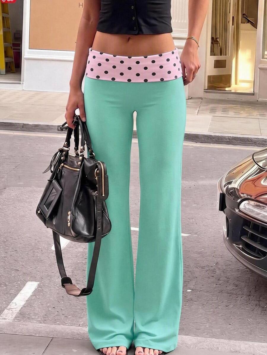 Muchica Casual Minimalist Women's Light Green And Light Pink Colorblock Polka Dot Pattern Versatile Daily Pants Suitable For Spring And Autumn - Multicolor - View 1