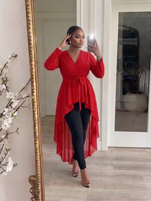 SHEIN Lady CURVE 大尺碼女款純色長袖高低下擺時尚襯衫，適合辦公、晚餐、晚宴，黑色，秋季優雅款 - 紅色 - 查看 1