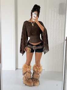 EgrlEra Sexy Lace Hollow Out Pullover Shrug Top, Tight Backless Camisole Tank Top 2pcs Set - Brown - View 3