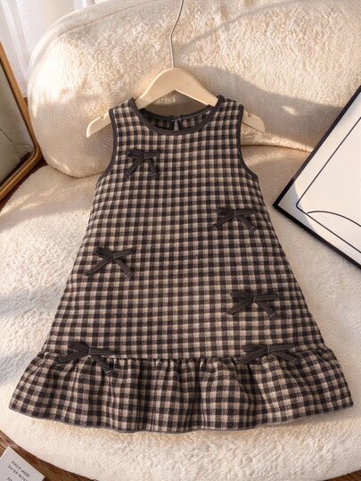 SHEIN Young Girl Summer New Bow Decor Sleeveless A-Line Hem Lace French Style Fashion Minimalist Elegant Sophisticated Princess Dress