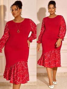 BrightlyHer Plus Size Red Ruffle Asymmetrical Ruffle Trim Round Neck Long Sleeve Dress Elegant Formal Fall Winter 2026 Christmas Party Evening - Red - View 1