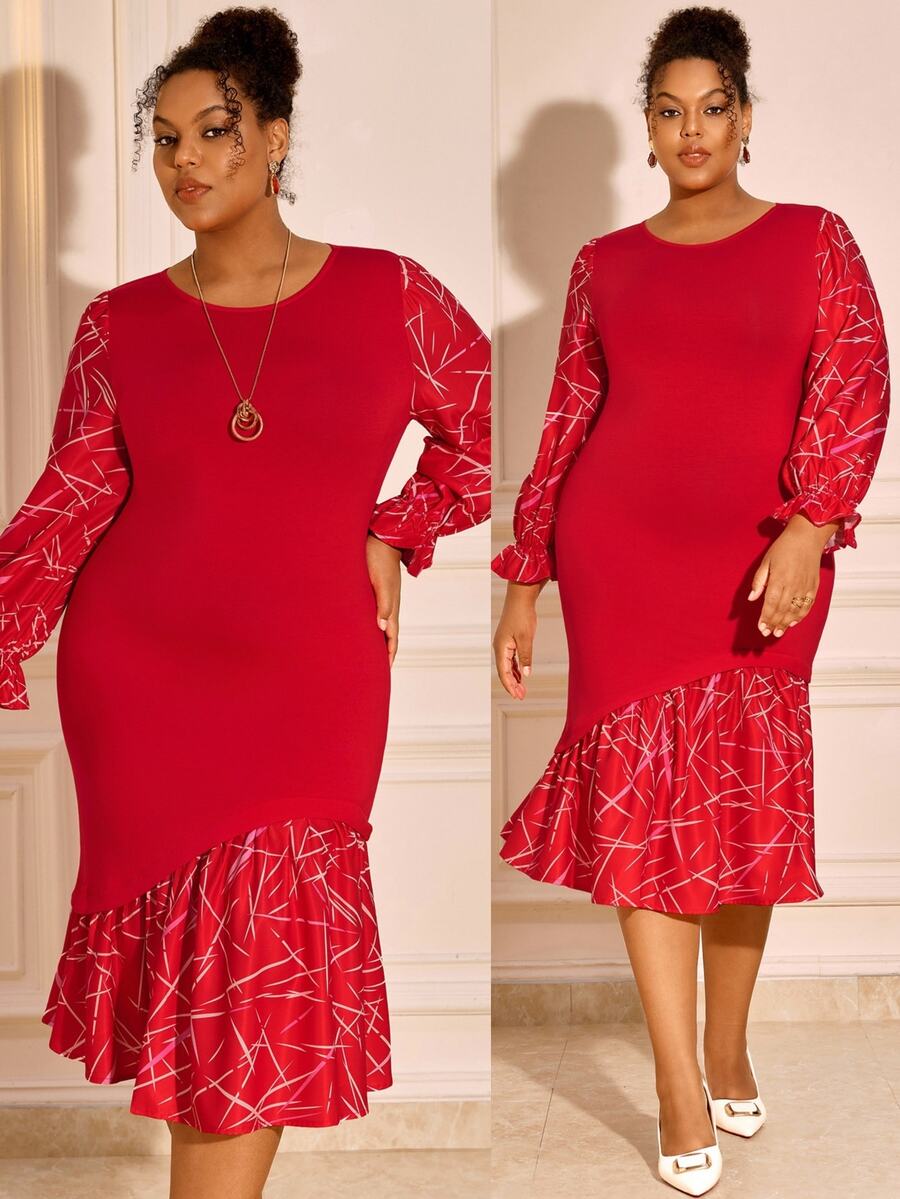 BrightlyHer Plus Size Red Ruffle Asymmetrical Ruffle Trim Round Neck Long Sleeve Dress Elegant Formal Fall Winter 2026 Christmas Party Evening - Red - View 1