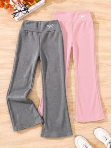 SHEIN Tween女孩秋冬休閒百搭保暖內裡加厚羅紋喇叭褲，附蝴蝶結與高領，2件套 - 彩色 - 查看 2