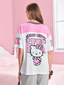 HELLO KITTY AND FRIENDS | SHEIN 女款字母與卡通印花休閒日常短袖T恤 - 粉色 - 查看 2