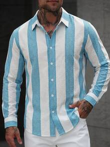 Manfinity Homme Men's Striped Casual Versatile Daily Wear Long Sleeve Shirt - Blue - View 1