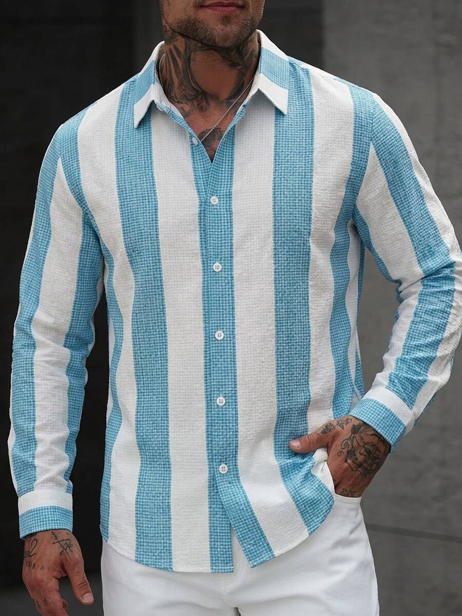 Manfinity Homme Men's Striped Casual Versatile Daily Wear Long Sleeve Shirt - Blue - View 1