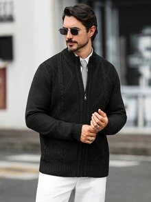 Marcello Vane 男士秋冬羅紋拉鍊長袖針織開襟衫 - 黑色 - 查看 4