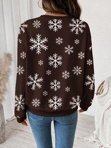 SHEIN LUNE 大尺碼女款聖誕雪花印花棕色長袖圓領套頭運動衫，秋季正式優雅寬鬆居家生日休閒極簡風 - 彩色 - 查看 2