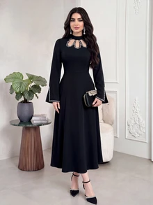 Feyla Women's Rhinestone Decorated Cut-Out Design Long Sleeve Elegant Dress - Black - View 2