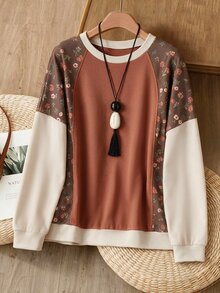 Rusticease Plus Size Brown Round Neck Half Sleeve Sweatshirt Casual Streetwear Summer 2026 Thanksgiving Vacation Beach - Brown - View 6