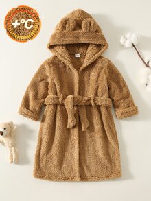 SHEIN Young Boy Comfortable Cute Cartoon Bear Hooded Open Front Fleece Lounge Wear - Brown - View 4