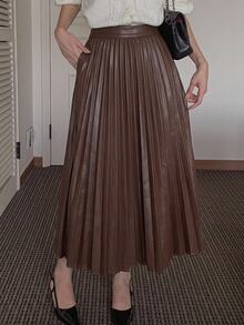 DAZY Women's Solid Color High Waist Elegant Commute Pleated Skirt - Coffee Brown - View 4