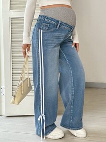 SHEIN Maternity Knitted Belly Support Blue Denim Loose Straight Leg Pants - Blue - View 5