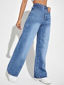 INAWLY 女款百搭度假風鈕扣口袋牛仔長褲，秋冬新年穿搭 - 中等水洗藍 - 查看 3