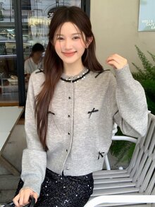 DAZY Women's Fall/ Sequin Decorated Casual French Cute Sweet Wedding Brunch Banquet Bow Contrast Patchwork Cardigan Gray - Grey - View 4