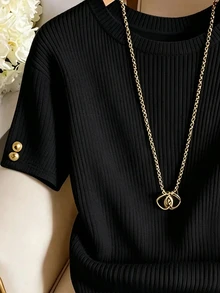 GlowEve CURVE 大尺碼女款優雅圓領針織T恤，夏季新品，柔軟透氣休閒日常穿著 - 黑色 - 查看 3