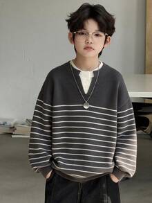 Dazy Kids 青少年男孩簡約條紋拼色長袖舒適毛衣 - 深灰色 - 查看 4