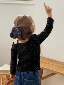 DAZY Young Girl Korean Style Polka Dot Print Cold Shoulder Long Sleeve T-Shirt - Black - View 2