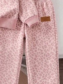 Girls' 2 Pieces Casual Fashion Spring/Autumn/Winter Set, Stand Collar Sweatshirt With Wide Leg Sweatpants, Sweet & Cool Leopard Print, Soft Fabric - Multicolor - View 4