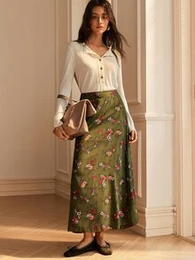 SHEIN Women's Vintage Floral Print Side Slit Midi Skirt For Casual And Commute - Army Green - View 6
