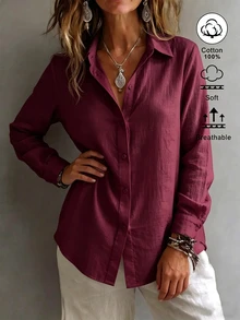 SHEIN EZwear 女款領口長袖鈕扣設計休閒度假極簡日常外出上衣 浪漫新款修身收腰秋季襯衫 - 酒紅色 - 查看 5