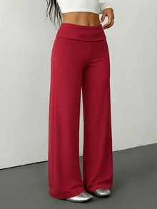 SHEIN PETITE 女款素色休閒百搭日常穿著長褲 - 酒紅色 - 查看 1