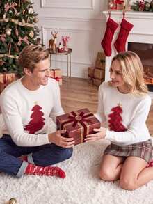 Men's Crew Neck Christmas Tree Sweater - White - View 2