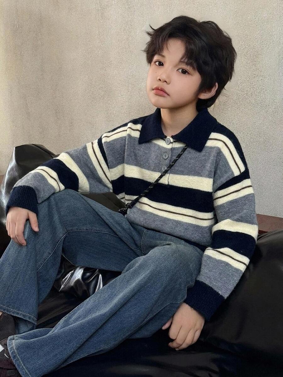Dazy Kids Sweater Dalaman Lengan Panjang Tebal Berkerah Polo Warna Kontras untuk Anak Laki-laki (Ukuran Besar) Musim Gugur/Musim Dingin - Grey - View 1