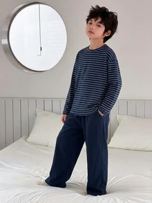 Dazy Kids Tween Boy Striped Long Sleeve Top And Pants Casual Daily Home Sleepwear Set - Navy Blue - View 2