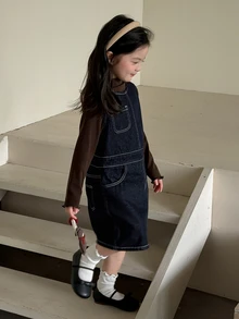 Dazy Kids Young Girl) Round Neck Contrast Stitching Sleeveless Vest Style Autumn Denim Dress - Dark Wash - View 4