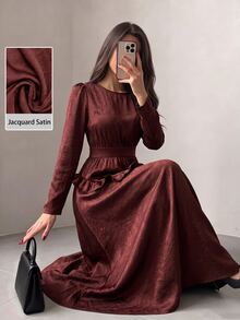 Modelyn Glossy Long Sleeve Dress, Round Neck Elastic Waist Pleated Design With Ruffle Hem, Draping Slimming Versatile Commute Party Dress, Suitable For Date, Commute, Gathering, Daily Wear - Rust Brown - View 1