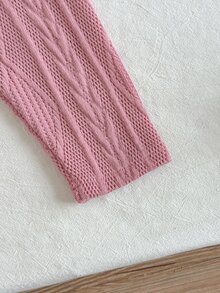 SHEIN 女嬰秋冬粉紫色針織套裝，白色蕾絲大領口前開襟長袖上衣搭配同色長褲，柔軟親膚面料，適合室內/戶外日常穿著、週末出遊等 - 粉色 - 查看 7