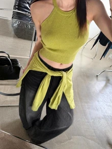 DAZY 對比縫線寬鬆彎腿休閒街頭風夏季女款牛仔褲 日常外出穿搭 黑色 - 黑色 - 查看 3