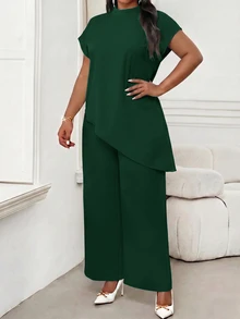 SHEIN Lady 大尺碼女款純色立領休閒優雅百搭上衣，適合日常穿著、正式場合、早午餐、深綠色夏季辦公室派對 - 墨綠色 - 查看 6