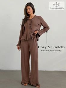 DAZY Women's Frill Trim Single-Breasted Top And Long Pants Pajama Set - Brown - View 1