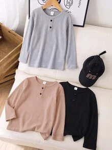 SHEIN 3件組兒童男童休閒舒適風紋理布料木紋細節鈕扣 Polo 衫圓領長袖 T-shirt 多色 - 彩色 - 查看 7