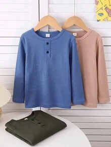 SHEIN 3件組男童休閒舒適風紋理布料木紋細節鈕扣 Polo 衫圓領長袖 T-shirt 多色 - 彩色 - 查看 7