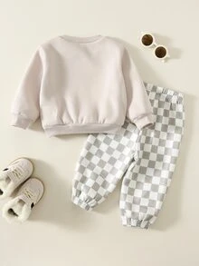 SHEIN 2pcs Baby Boy Checkerboard Pattern Sweatshirt & Sweatpants Set, Infant Outfit, Autumn/Winter Sports Set - Multicolor - View 2
