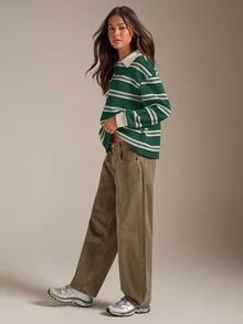 Athîral 女款休閒學院風街頭風拼色 Polo 領綠白條紋長袖 T-shirt，秋季服飾，適合辦公室、學校，可愛上衣 - 綠色 - 查看 5