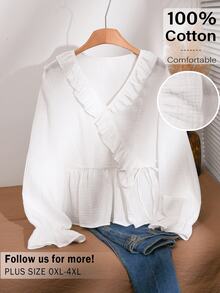 CosyJoli Plus Size Women's Solid Color Patchwork Ruffle Side Waist Tie Casual Shirt - White - View 1