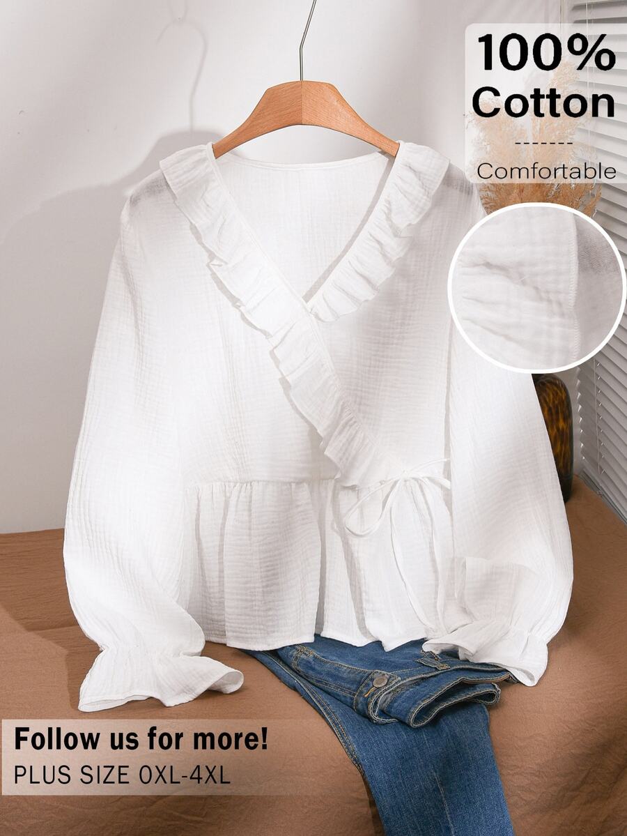 CosyJoli Plus Size Women's Solid Color Patchwork Ruffle Side Waist Tie Casual Shirt - White - View 1