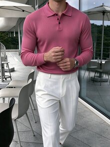 Claim Dot Men's Solid Color Casual Daily Long Sleeve Polo Shirt - Hot Pink - View 4